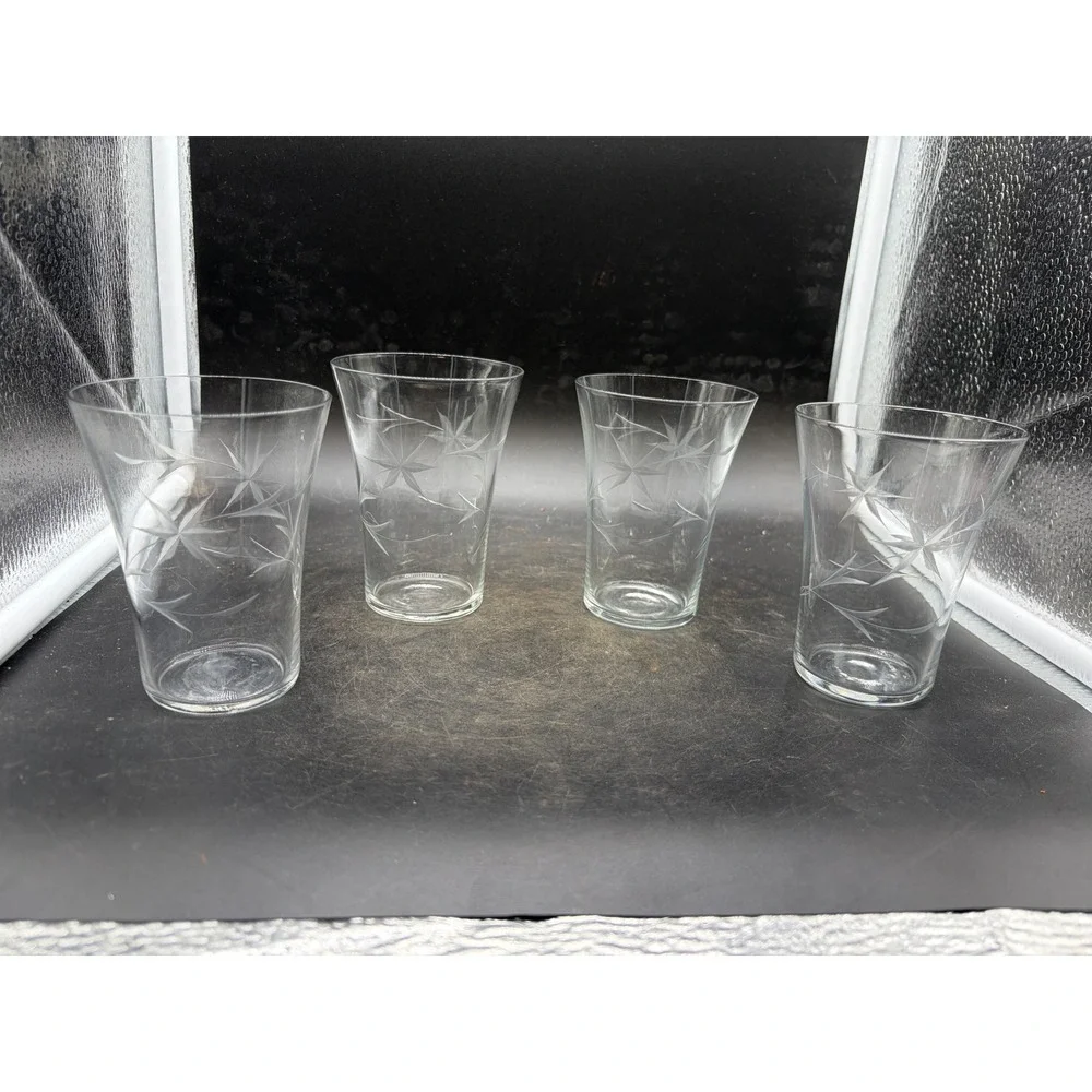 Vintage Etched Starburst Wheat Juice Glasses Set of 4 Clear Mid Century Modern